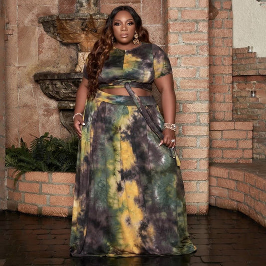 Plus Size Tie-Dyed Solid Color Casual Set Women Two-Piece Suit