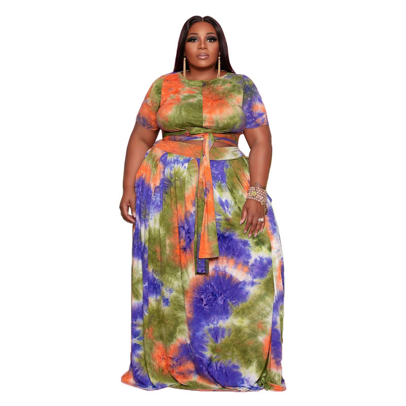 Plus Size Tie-Dyed Solid Color Casual Set Women Two-Piece Suit