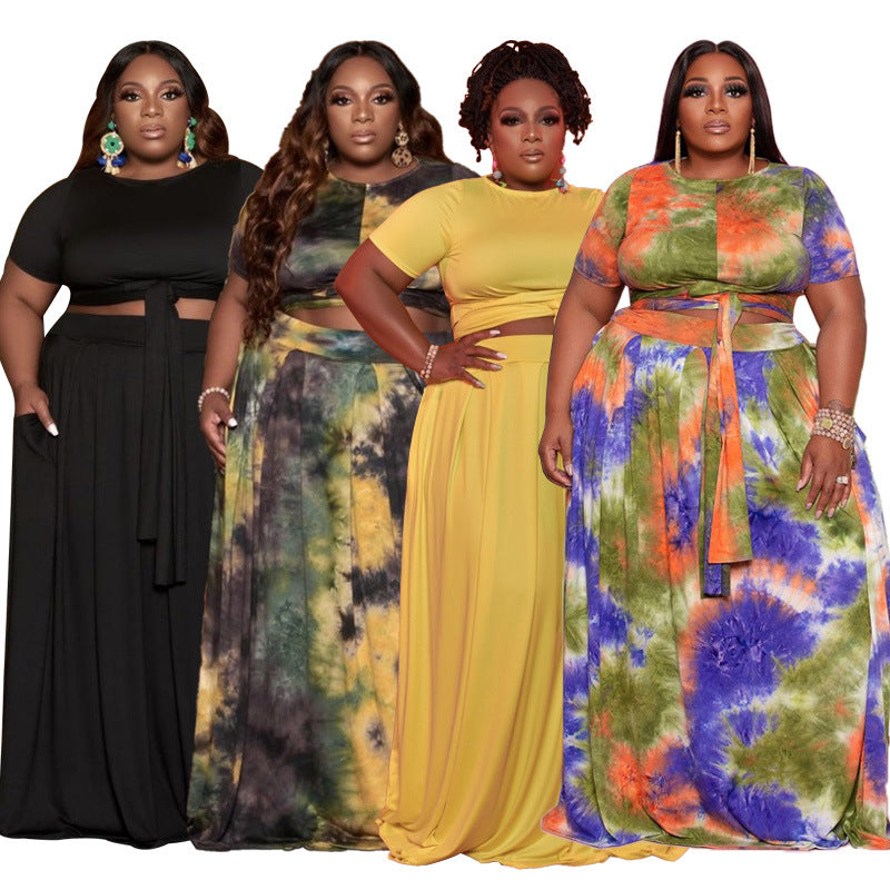 Plus Size Tie-Dyed Solid Color Casual Set Women Two-Piece Suit