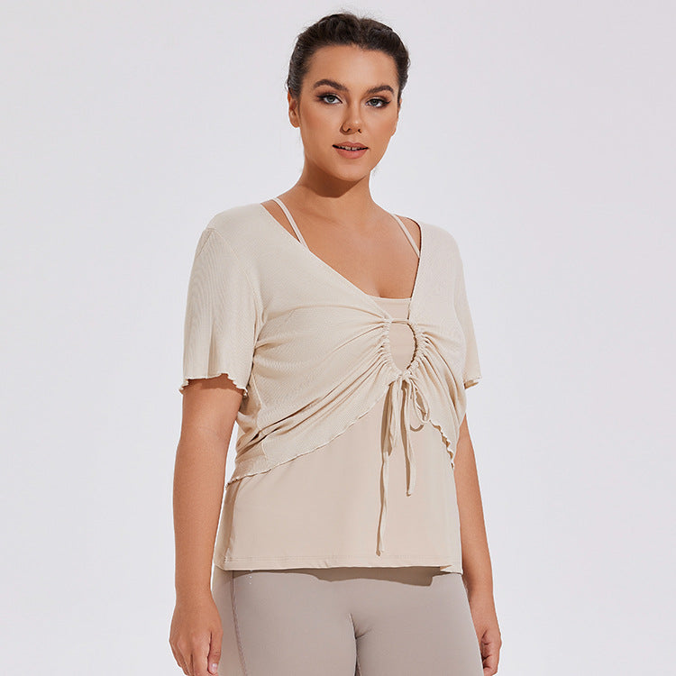 Plus Size Loose Short Sleeved Blouse Yoga Quick Drying Sports Running Vest Bra Workout Two Piece Clothes