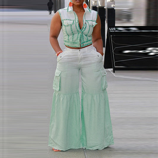 Plus Size Women Summer Stripes Gradient Vest Pocket Overalls Casual Two Piece Set