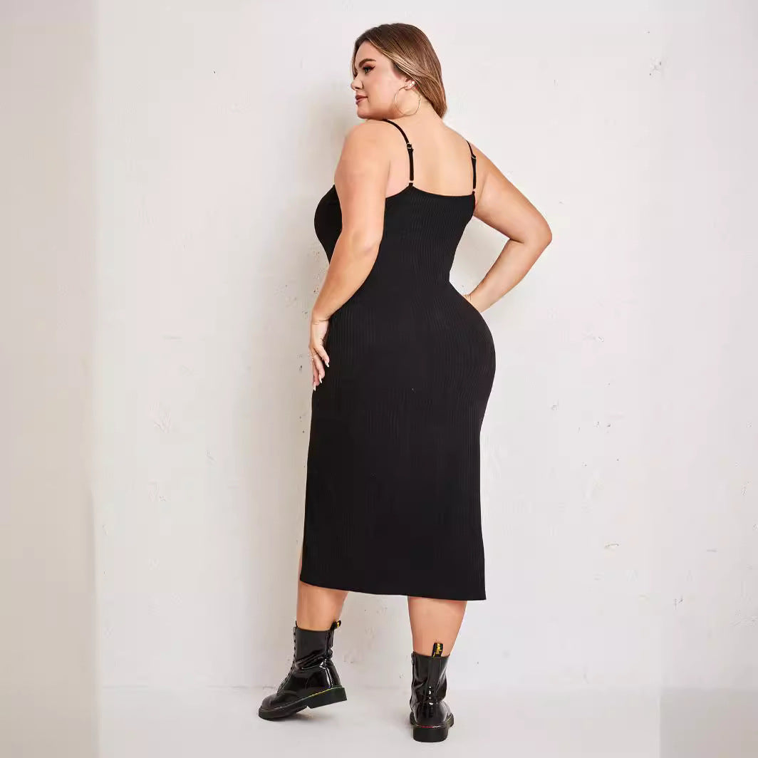Plus Size Women Dress Simple Suit Outer Strap Backless Dress High Slit