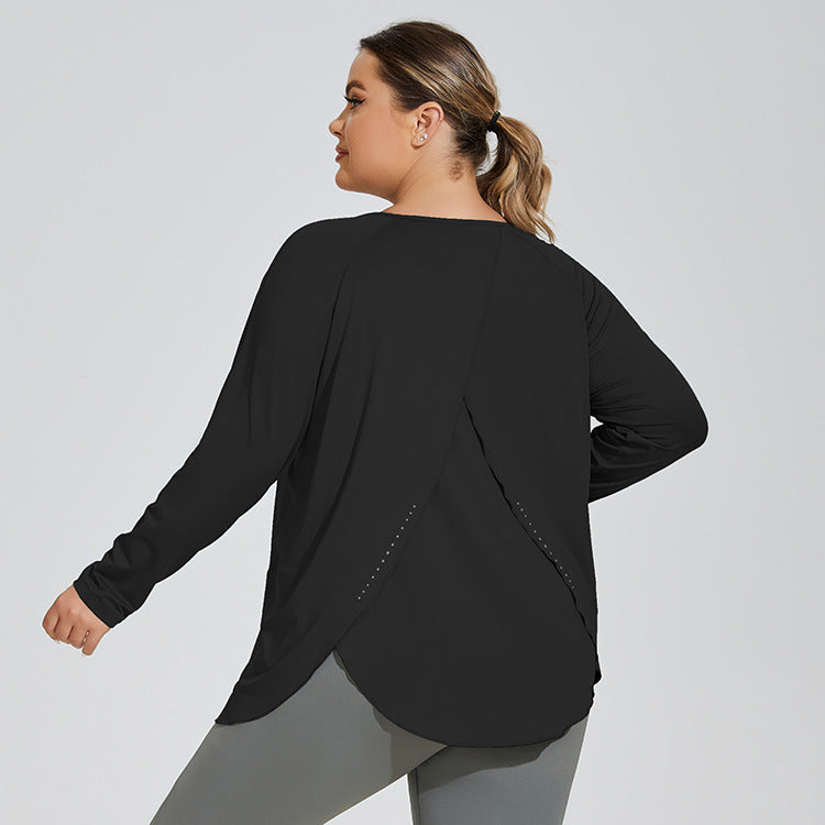 Plus Size Slit Beauty Back Yoga Clothes Women Loose Quick Drying Running Sport Long Sleeve Top Breathable Workout Blouse