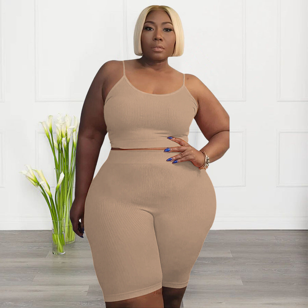 Plus Size Women Clothing Casual Sports Two Piece High Elastic U Shaped Sleeveless Shorts Suit