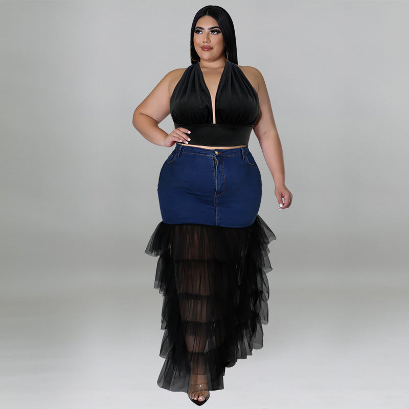Plus Size Women Clothes Washed Denim Stitching Mesh Personalized Sexy Skirt Sets