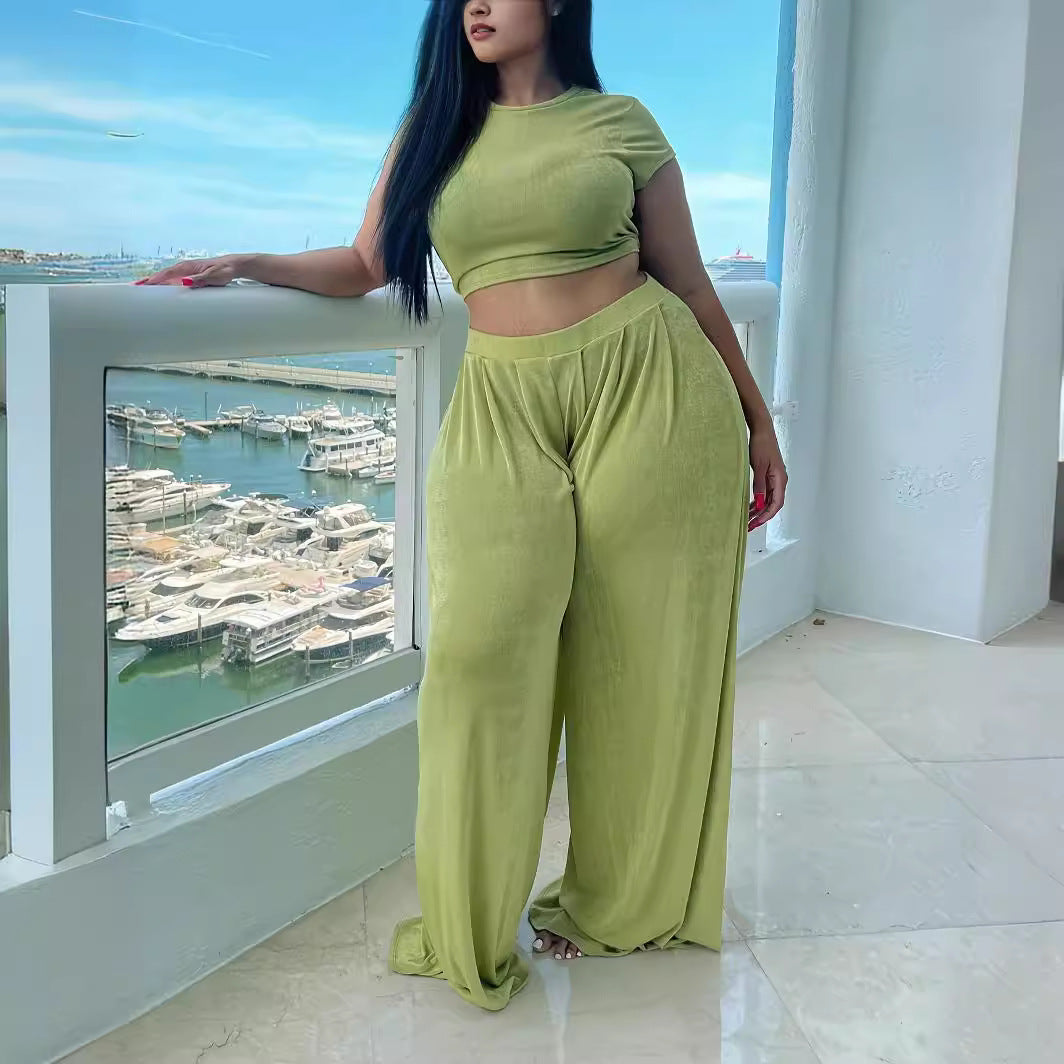 Plus Size Popular Comfortable Casual Solid Color Summer Essential Two Piece Set