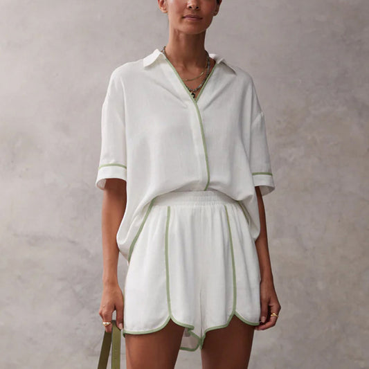 Color Contrast Half Sleeve Shirt Shorts Two Piece Sets Casual Loose Cotton Women