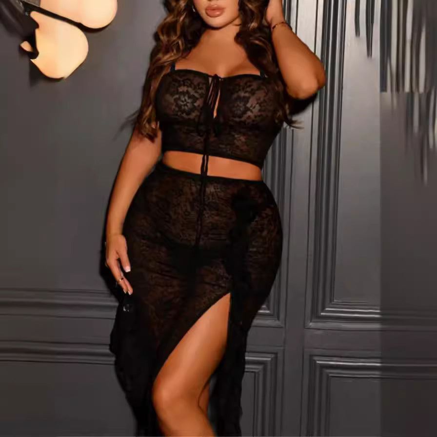 Plus Size Women Sexy Lace Two Piece Skirt Set