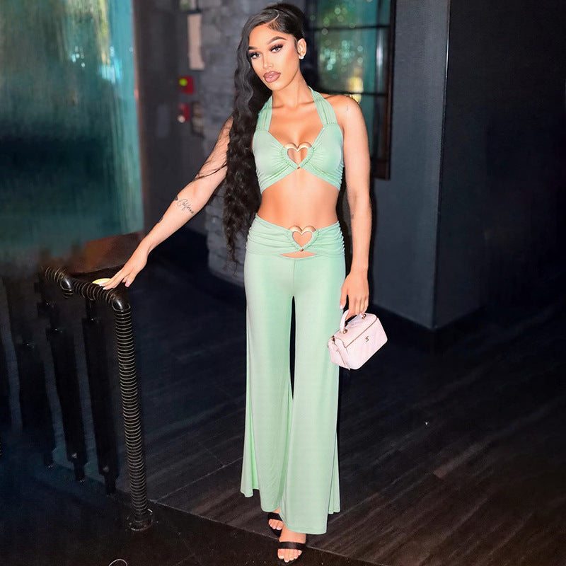 Women Spring Summer Lace up Halter Tube Top Heart Shaped Clasp Pleated High Waist Wide Leg Set