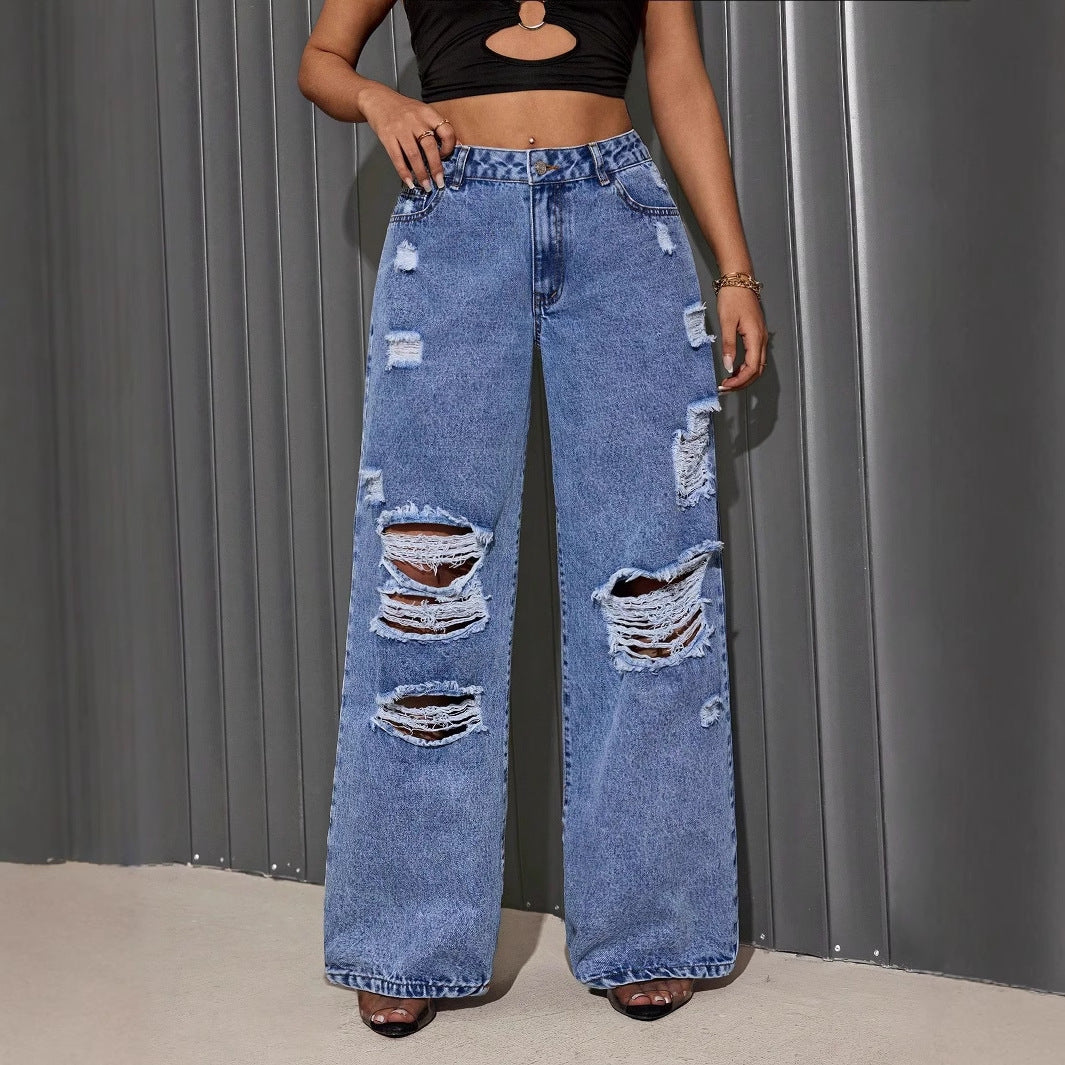 Women Clothing Ripped Straight Hip Hop Loose Wide Leg Jeans
