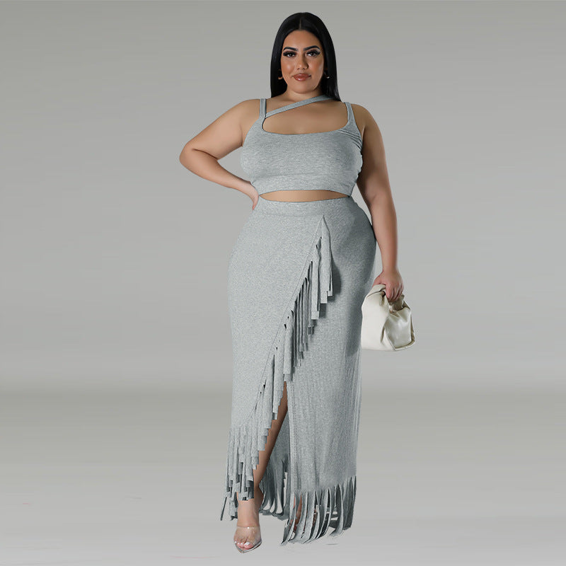 Plus Size Women Tassel Irregular Asymmetric Sleeveless Skirt Set