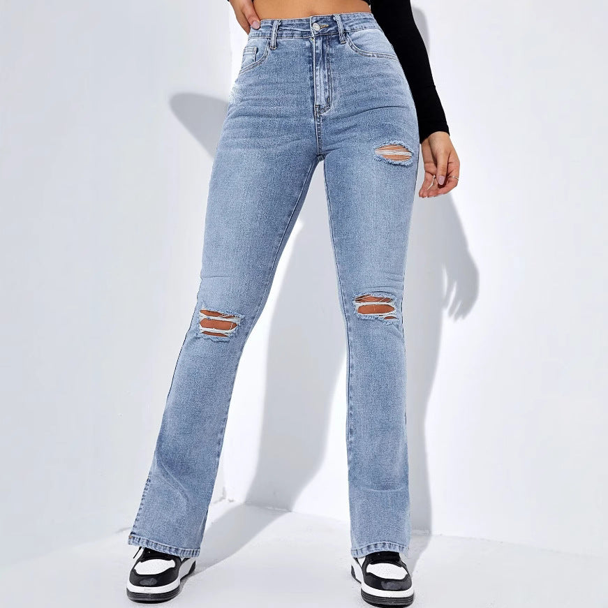 Holes Foot Slit Slim Slimming Stretch Jeans for Women