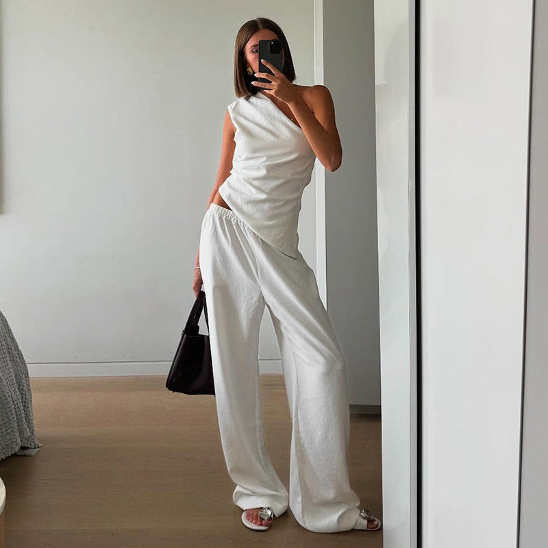 Women Clothing Solid Color Sleeveless Shoulder Back Hollow Out Cutout out Strap Vest Pants