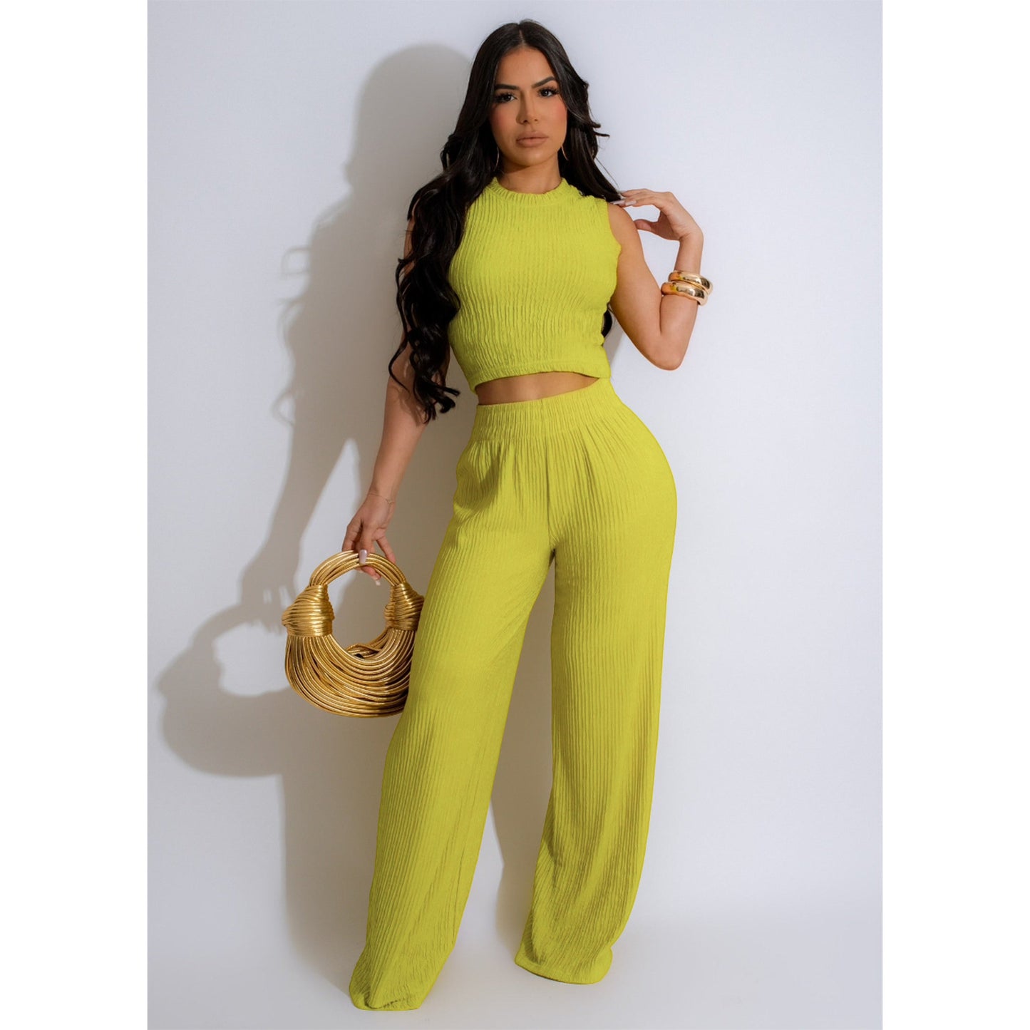 Women Clothing Elastic Crumpled Loose Sleeveless Wide Leg Pants Suit Two Piece Sets