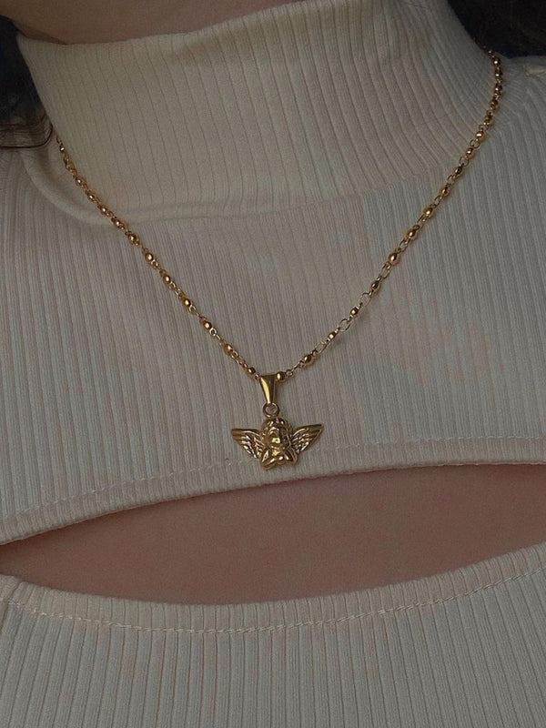 INS retro style angel Cupid + green zircon pendant necklace