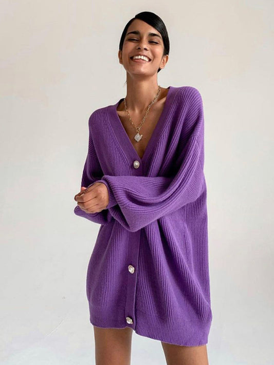 Purple Loose Drop Shoulder Sleeve Pearl Button  Cardigan