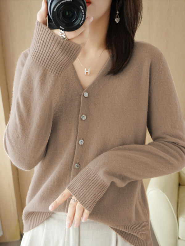 V-neck solid color short knitted cardigan