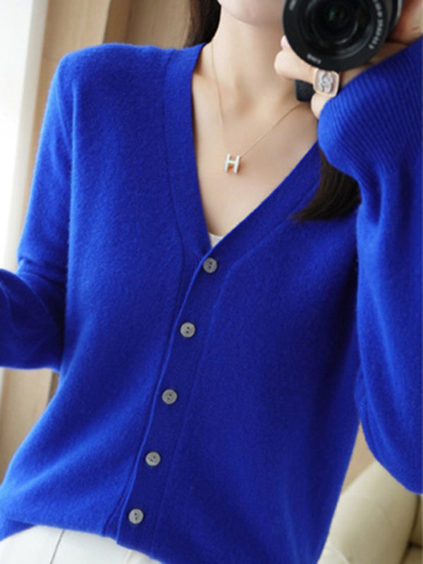 V-neck solid color short knitted cardigan