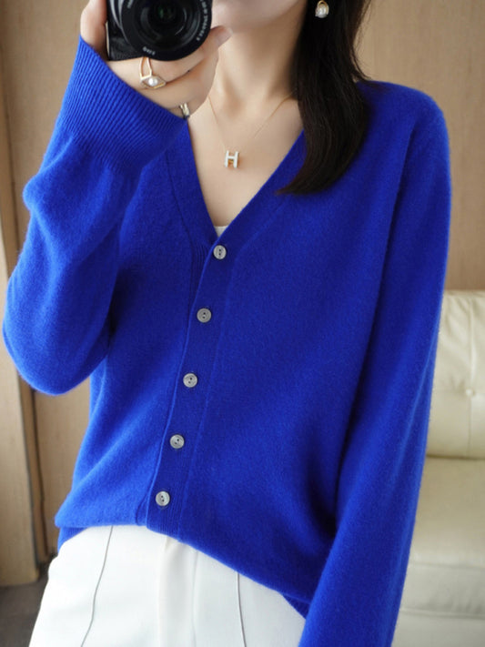 V-neck solid color short knitted cardigan