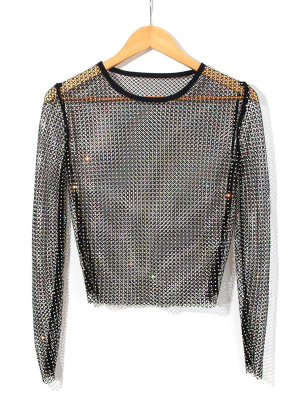 Voidsy Mesh flash diamond long-sleeved top T-shirt