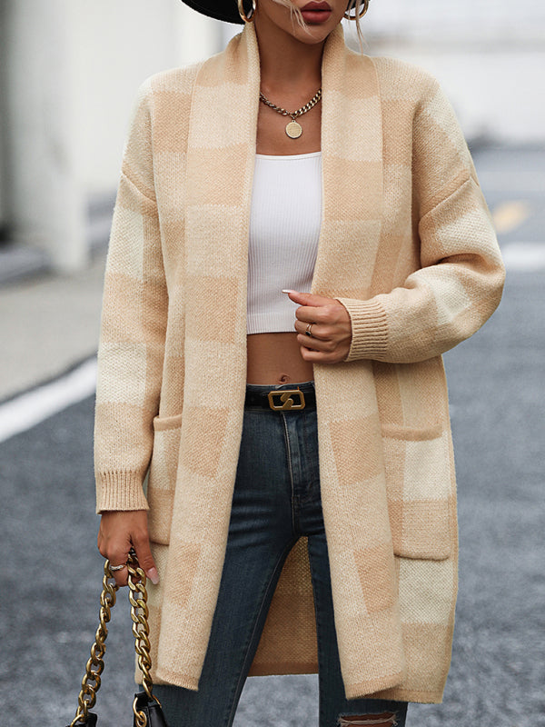 Coat Loose Plaid Color Block Knit Cardigan