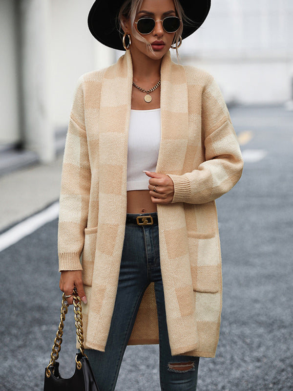Coat Loose Plaid Color Block Knit Cardigan