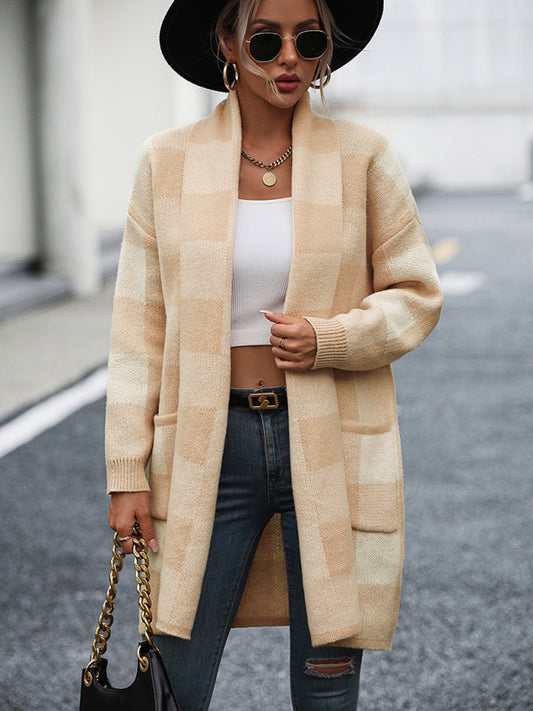 Coat Loose Plaid Color Block Knit Cardigan