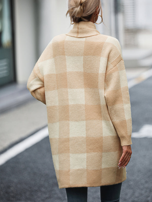 Coat Loose Plaid Color Block Knit Cardigan