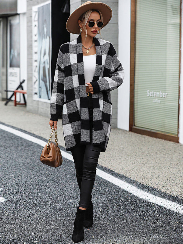 Coat Loose Plaid Color Block Knit Cardigan