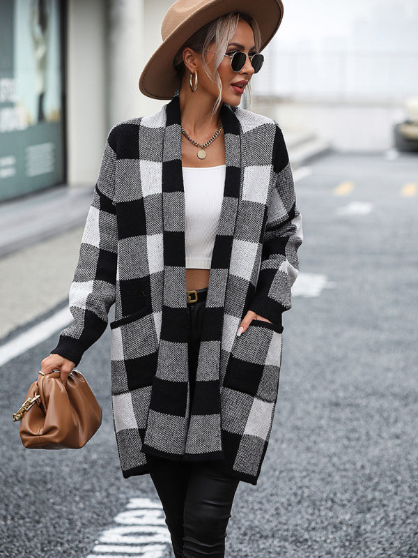 Coat Loose Plaid Color Block Knit Cardigan