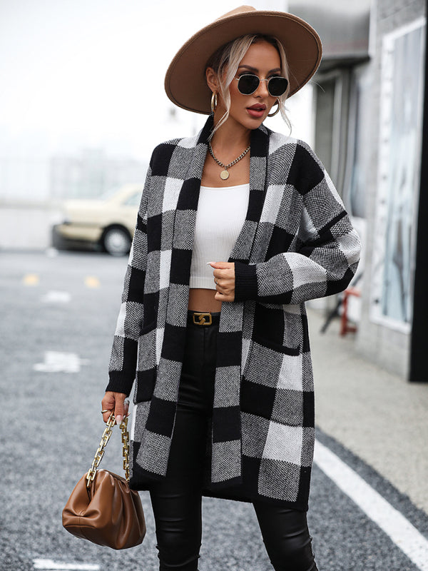 Coat Loose Plaid Color Block Knit Cardigan
