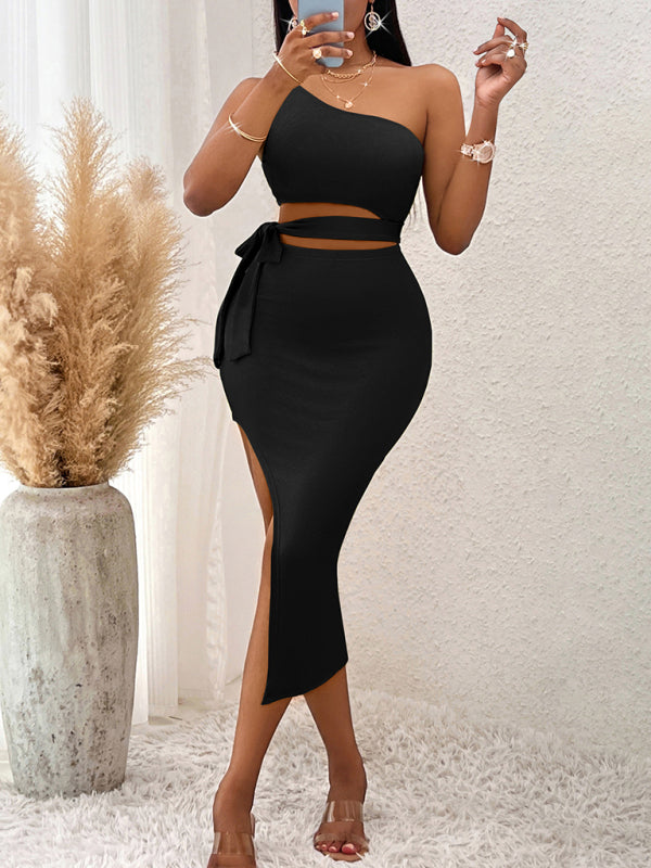 Voidsy neck tied waist knitted hip dress