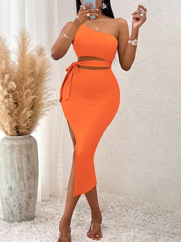 Voidsy neck tied waist knitted hip dress