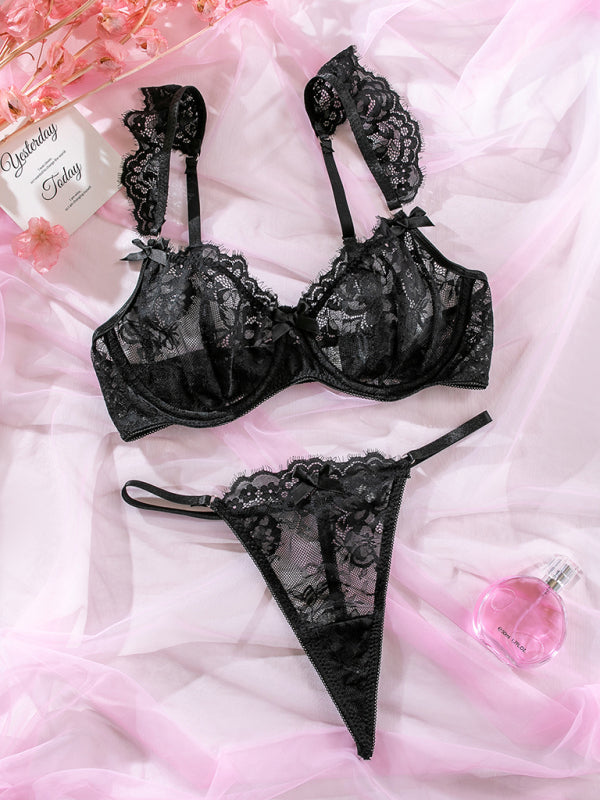 Voidsy sexy lace ruffle sleeves bow sexy lingerie set