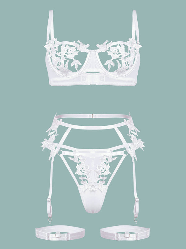 Voidsy sexy embroidered flower hollow sexy webbing underwire sexy lingerie set