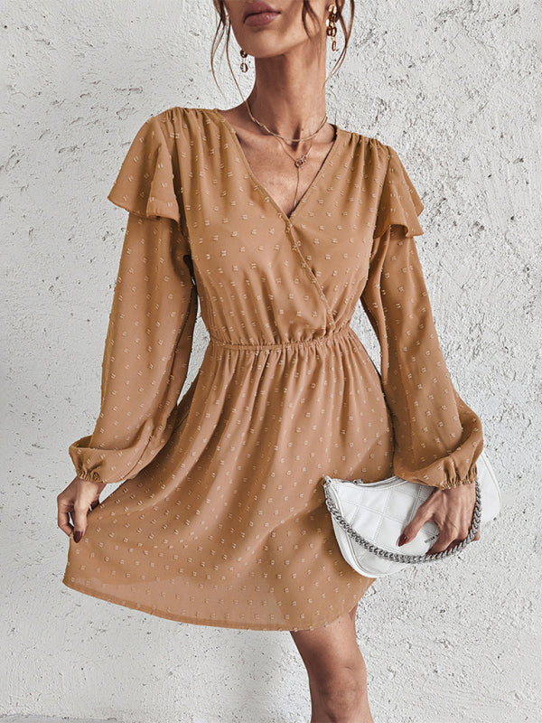 Voidsy Cross Collar Ruffle Puff Sleeve Dress
