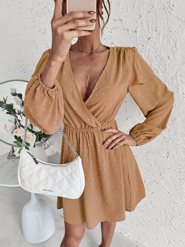 Voidsy Cross Collar Ruffle Puff Sleeve Dress