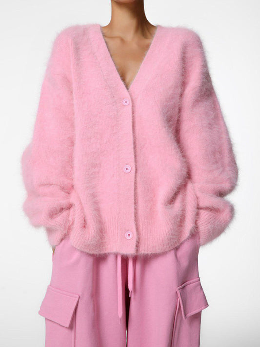 Pink lazy loose long-sleeved V-neck cardigan