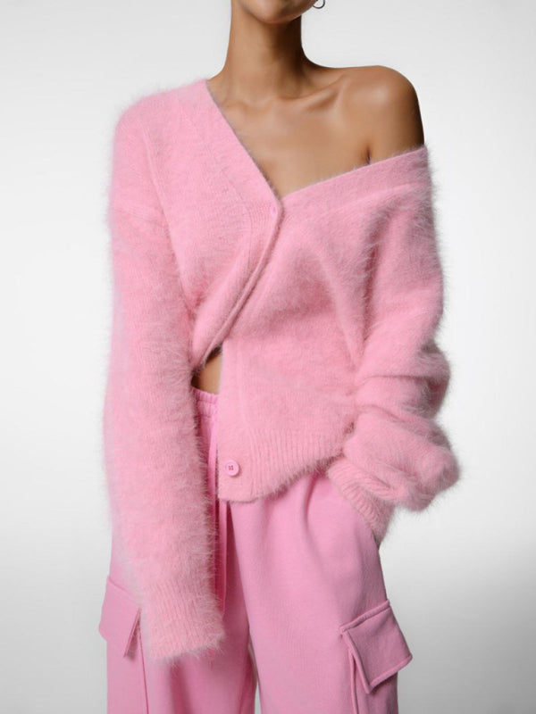 Pink lazy loose long-sleeved V-neck cardigan
