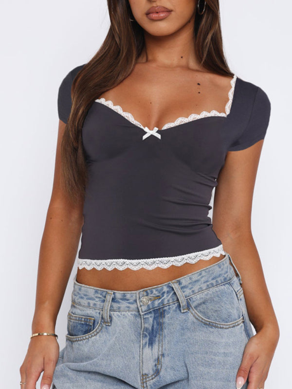 Voidsy summer lace hem bow short-sleeved T-shirt