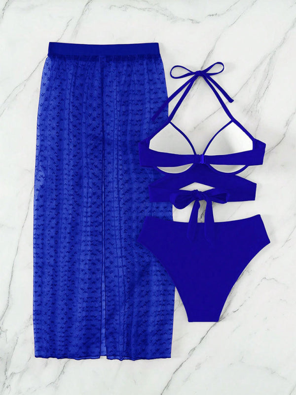 Solid Voidsy color bikini skirt three-piece set