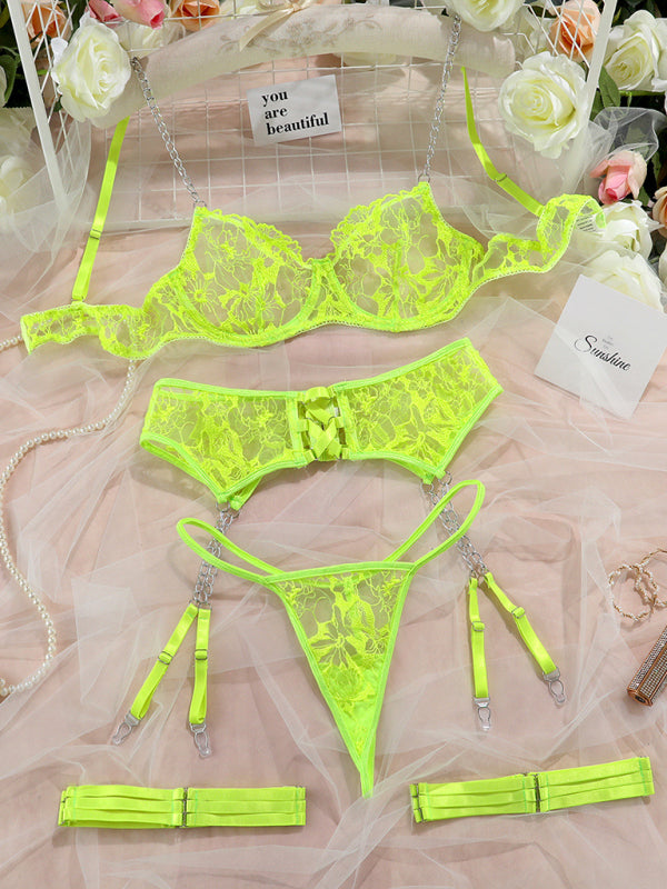 Voidsy Mesh embroidered hanging chain suspenders hollow cross sexy lingerie set of four