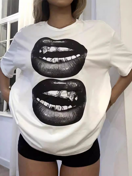Fashion Lip Printed Round Neck T-Shirt